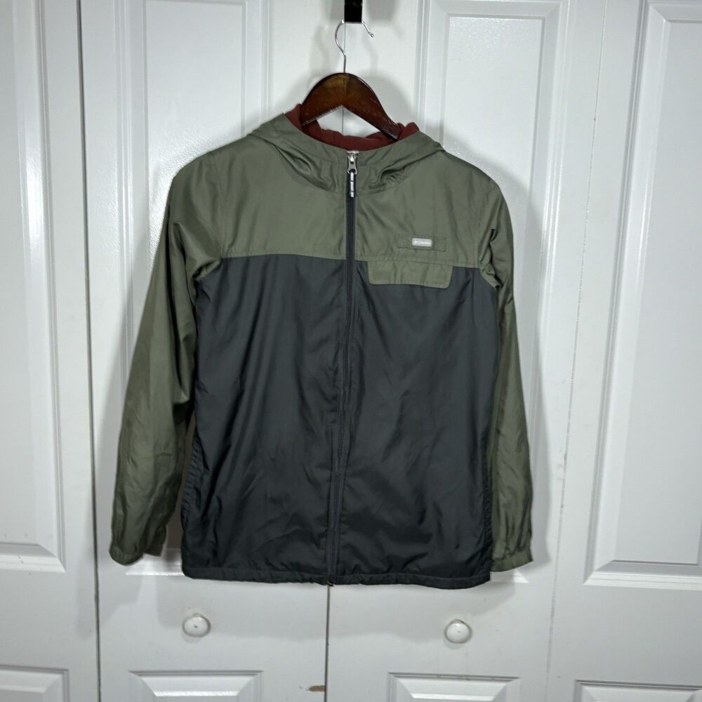 Columbia Youth L 14 15 Jacket Hooded Fleece Lined Green Gray Full Zip Outdoor